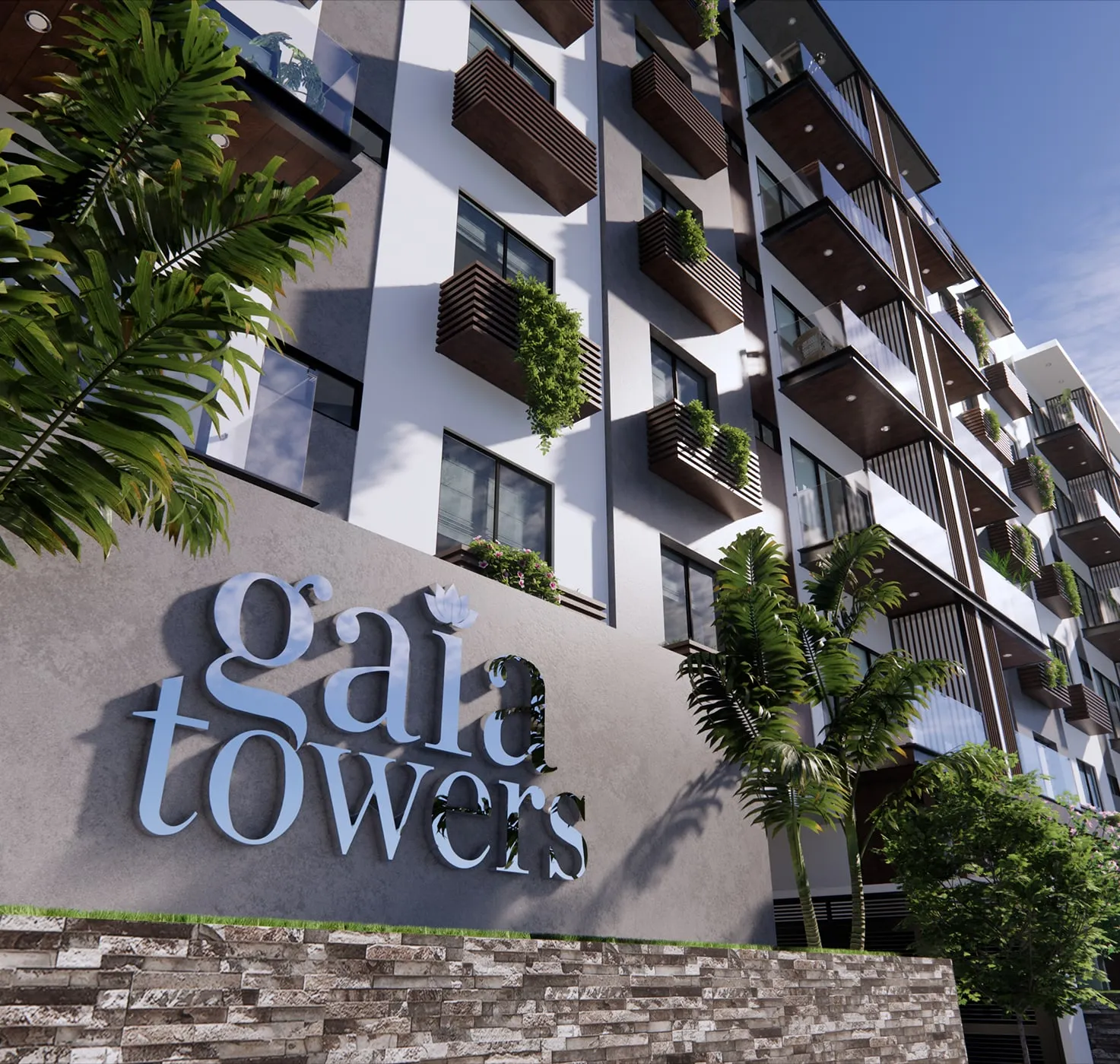 Fachada de Gaia Towers con su rótulo, en Palos Prietos, Mazatlán